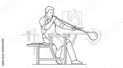 Tableau sur toile Glassblower shaping molten glass with a blowpipe, artisan craft, workshop scene
