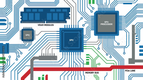 Fotografija Abstract electronic circuit board with CPU, GPU, RAM modules, and connections