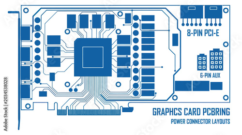 Foto Graphics Card PCB Layout Blueprint - 8-Pin PCI-E and 8-Pin ATX Power Connectors
