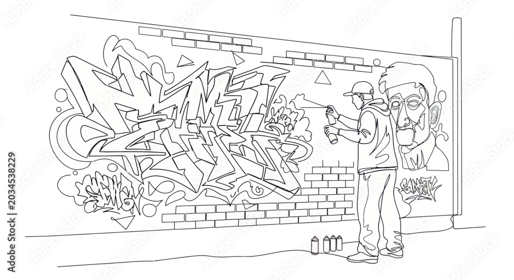 Obraz premium Graffiti Artist Spray Painting Large Mural on Brick Wall - Line Art Illustration