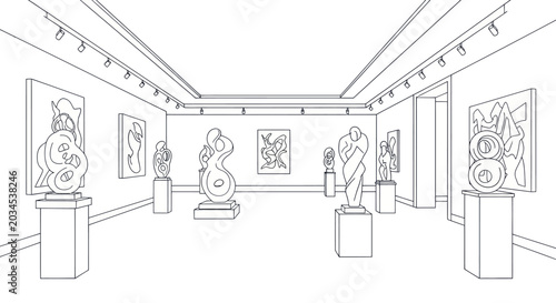 Εκτύπωση καμβά Art gallery interior with abstract sculptures and paintings on white walls, mini