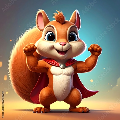Cheerful Cartoon Squirrel Posing Heroically in Colorful Studio Background