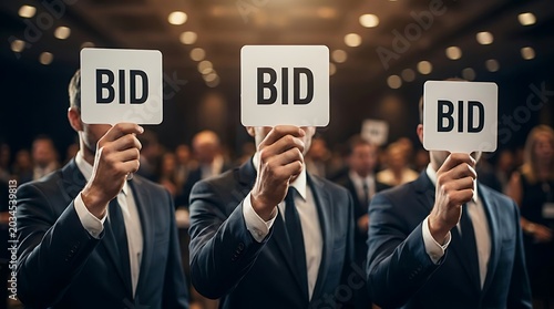 Group of businessmen in suits holding up bid paddles at a public auction representing corporate competition and investment buying.