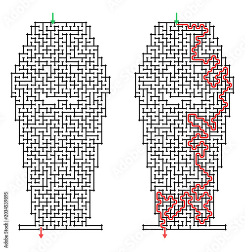 Maze coffin with solution for Halloween on a white background 
