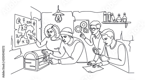 Schilderij op canvas Team solving mystery puzzle in escape room with treasure chest and ancient map