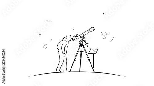 Bild auf Leinwand Man observing stars with telescope, night sky, constellations, astronomy concept