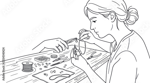 Tableau sur toile Woman making jewelry, close-up on hands crafting beads and charms with tools