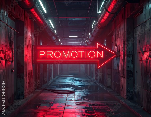 Glowing Red Promotion Neon Arrow Sign in Dark Industrial Hallway
