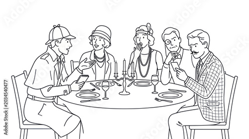 Detective Investigates Dinner Party Guests in Vintage Style