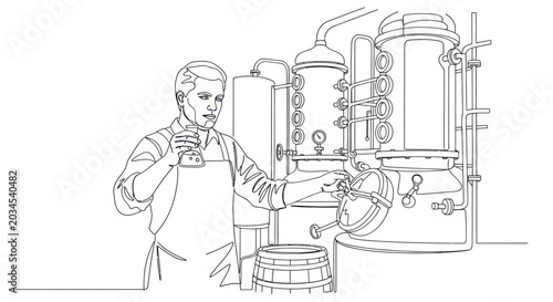 Foto Distiller Tasting Whiskey Near Copper Still and Barrel, Line Art Illustration