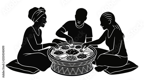African people sharing communal meal, cultural tradition, diverse group eating together