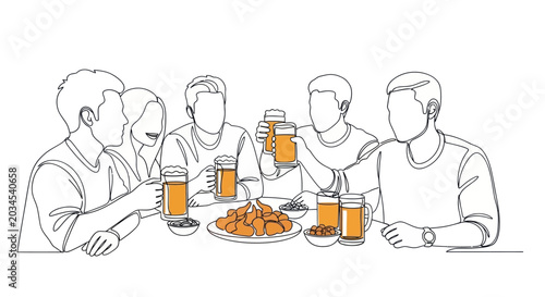 Valokuva Friends toasting beer at a table with snacks, line art illustration