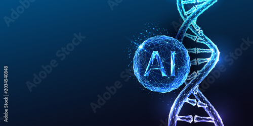 DNA Double Helix Artificial Intelligence AI Genomics Machine Learning Glowing Blue Polygonal Vector