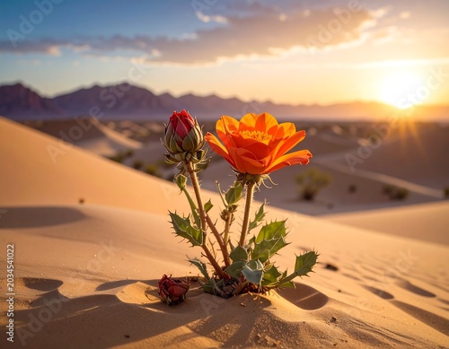 Vibrant Desert Flower Blooming on Sandy Dune at Sunset Landscape