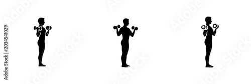 Photos Set of Bicep Curl Exercise Silhouettes, Person Training with Dumbbells, Fitness