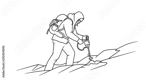 Photos Mountaineer climbing snowy mountain with ice axe and backpack, line art illustra