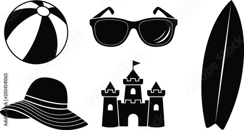 Black silhouette summer icons beach ball sunglasses surfboard hat and sandcastle