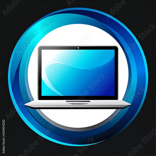 Modern Laptop Computer Icon Centered on Blue Circular Abstract Background