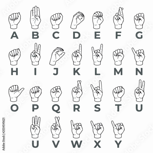 Detailed black and white vector illustration showing the complete american sign language alphabet for deaf communication and educational learning purposes