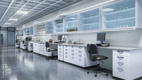 Modern scientific laboratory interior with advanced equipment, computers and research workstations, medical and pharmaceutical lab environment. 3D illustration