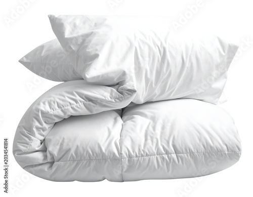 Soft White Pillow and Folded Duvet Stacked on White Background