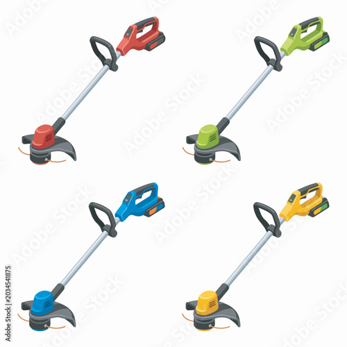 Set of four colorful electric grass trimmer vector illustration designs featuring varied bright colors for modern lawn maintenance garden equipment