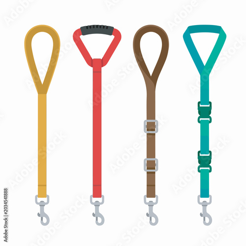 Four colorful vector illustration designs of different pet leashes featuring metal clips and durable straps for walking domestic animals safely