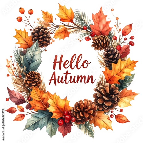 Colorful Autumn Leaf and Pinecone Wreath with Hello Autumn Text on White Background