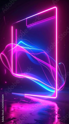 Vibrant Neon Light Trails Flowing Through Glowing Geometric Frame in Dark Futuristic Space