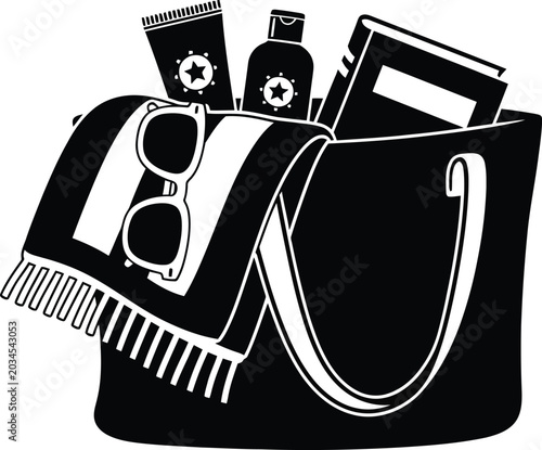 Black and white illustration of a woman's handbag with summer essentials