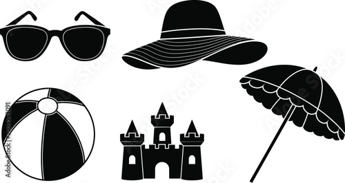Black and white beach icons set