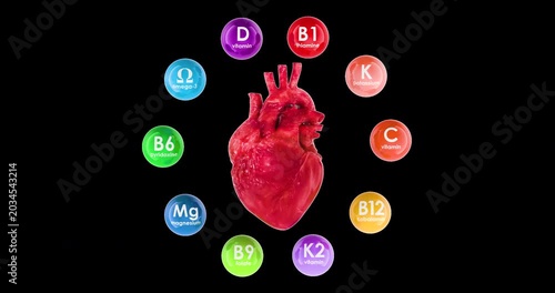 Human heart with vitamins and minerals essential for cardiovascular health animation seamlessly loopable. 3D rendering isolated on transparent background
