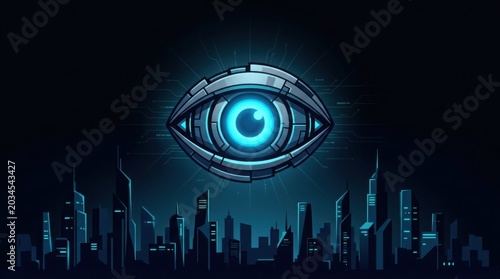 Futuristic robotic eye scanning digital cityscape at night with neon cybernetic glow