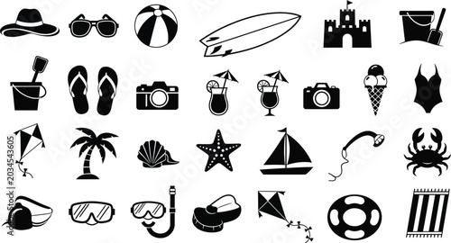 Black silhouette summer icons collection beach vacation and water activities