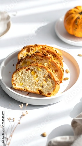 Golden Sliced Homemade Bread Arranged on White Plate in Sunlit Minimal Kitchen Setting