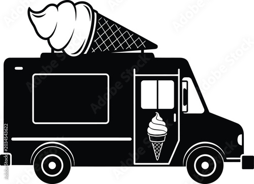 Black and white illustration of an ice cream truck