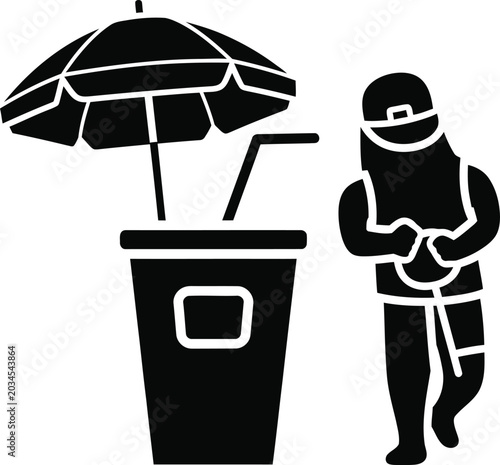 Beach vendor with drink and umbrella