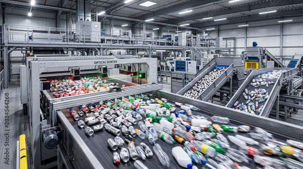 Fototapeta premium Automated industrial sorting conveyor belt operating inside modern state of art eco recycling plant facility