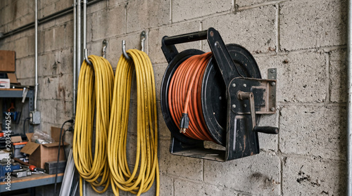 Professional Grade Extension Wire Spool Wound Neatly Beside Bright Yellow Heavy Utility Power Lines Cord
