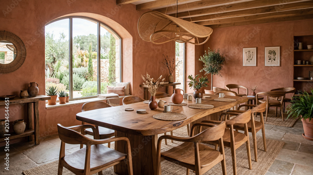 Fototapeta premium Earth toned meeting space with terracotta walls and organic shaped wooden furniture office interior design