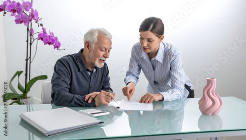 Elderly Man and Young Woman Reviewing Paperwork at Modern Glass Desk