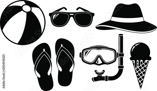 Summer vacation icons collection beach essentials in black and white