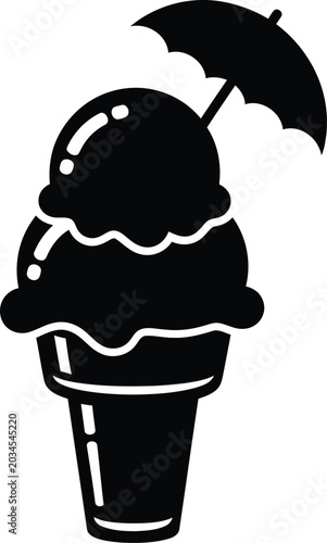Ice cream cone with umbrella icon black and white vector illustration