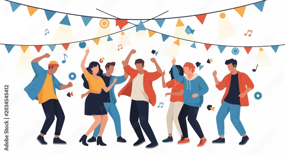 Εκτύπωση καμβά Diverse group of people dancing and celebrating under festive bunting flags