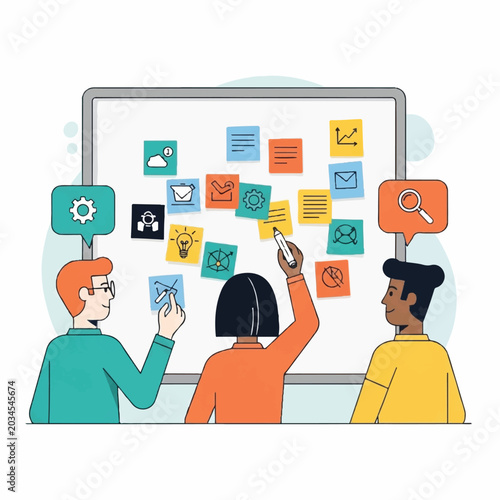 People brainstorming ideas on a large whiteboard with colorful sticky notes