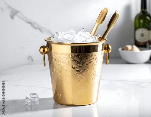 Elegant Gold Ice Bucket Filled with Ice and Tongs on White Marble Countertop