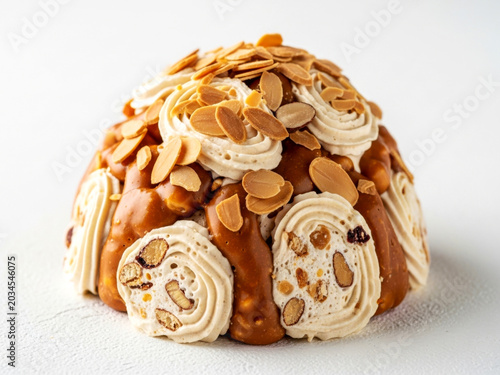 Sweet gourmet nougat praline confection with almond creme mix isolated on white background for luxury dessert themes