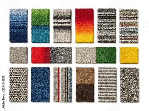 Colorful samples of square carpet tiles isolated on white background for interior floor design and renovation mockup