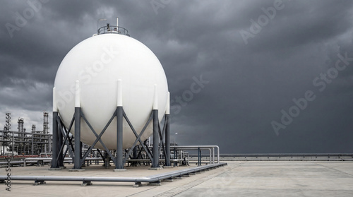 Large spherical fuel storage tank at oil refinery plant. Industrial gas container for chemical processing facility under dark storm sky. Modern energy infrastructure and fuel supply.