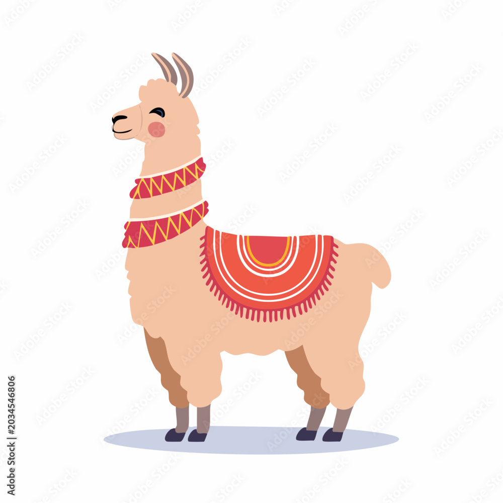 Naklejka premium Cute Cartoon Llama with Decorative Blanket